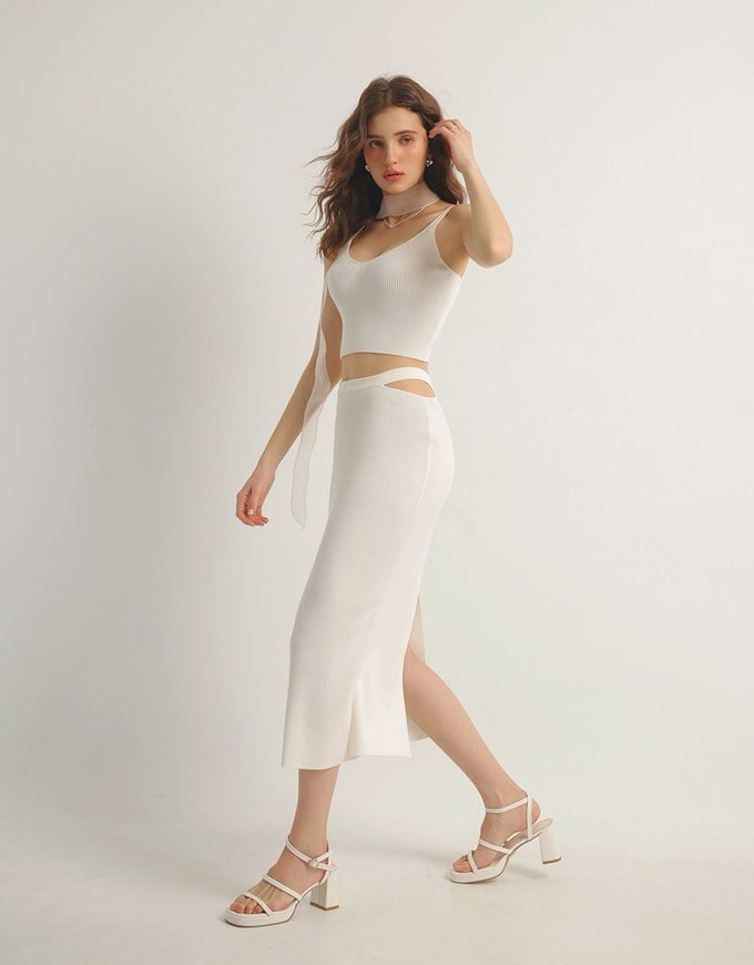 Double Shoulder Strap Ribbed Cami Top and Side Waist Cutout Knit Maxi Skirt Set Wear