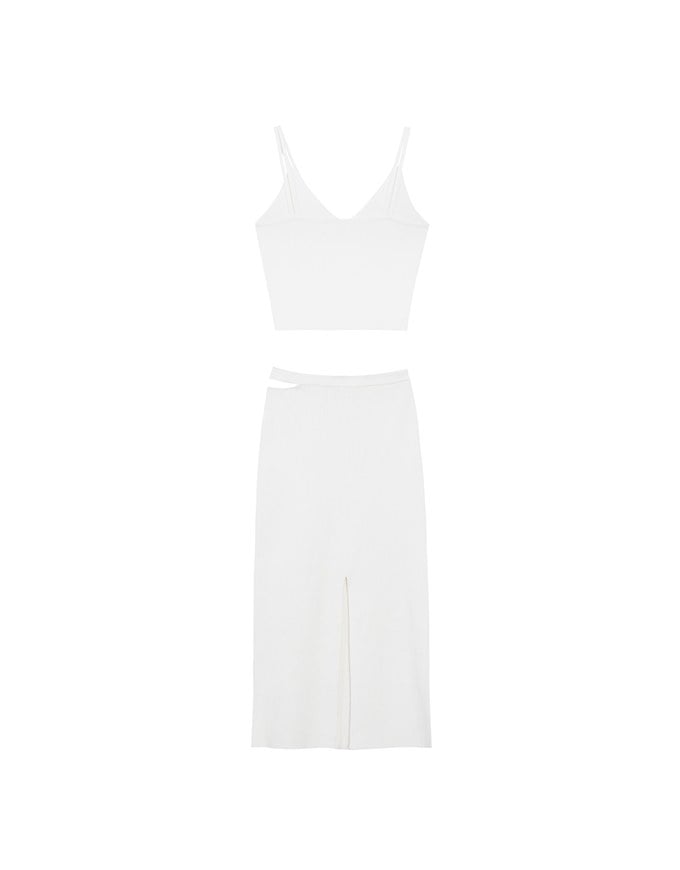 Double Shoulder Strap Ribbed Cami Top and Side Waist Cutout Knit Maxi Skirt Set Wear