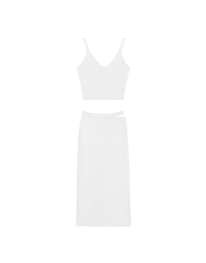 Double Shoulder Strap Ribbed Cami Top and Side Waist Cutout Knit Maxi Skirt Set Wear