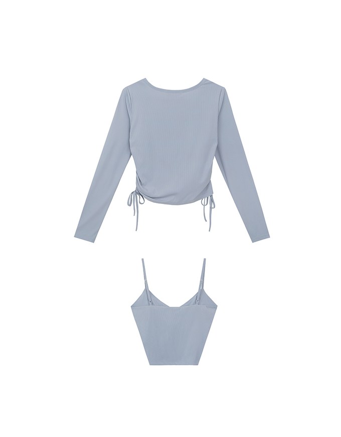 Cooling Fabric Side Ruched Button Cardigan and Adjustable Padded Bra Top Set Wear