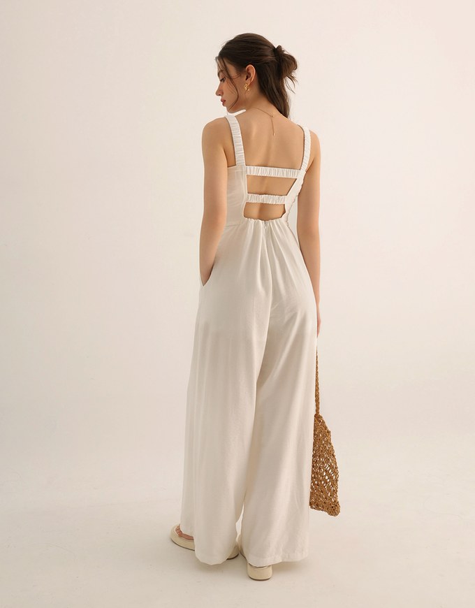 Cooling Fabric Ruched Front Wide Leg Jumpsuit with Back Cutouts Detail