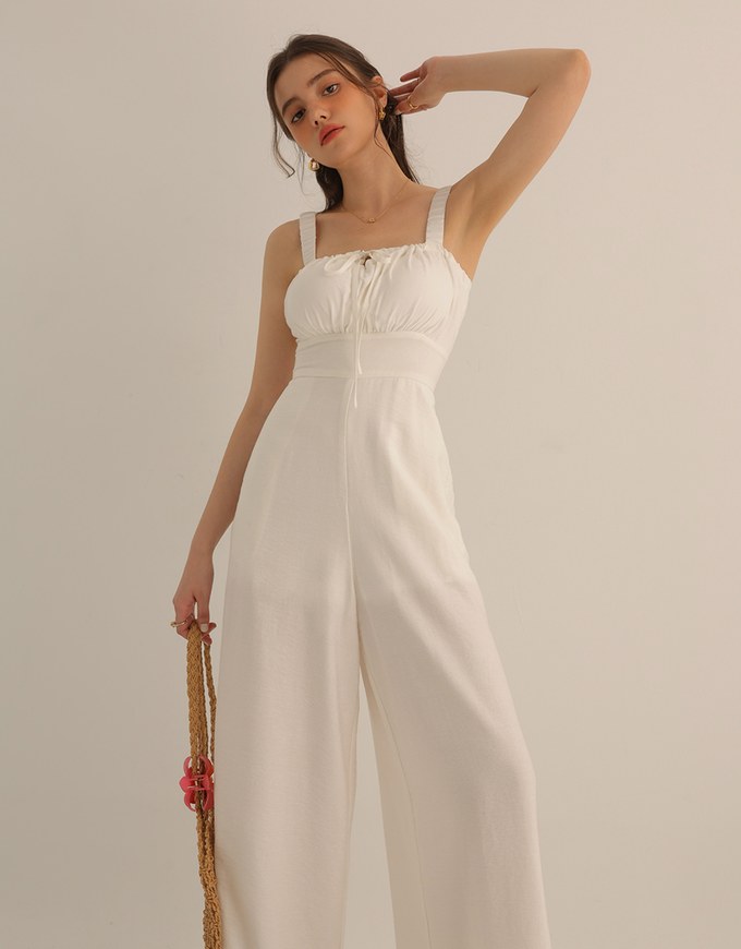 Cooling Fabric Ruched Front Wide Leg Jumpsuit with Back Cutouts Detail