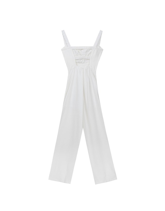 Cooling Fabric Ruched Front Wide Leg Jumpsuit with Back Cutouts Detail