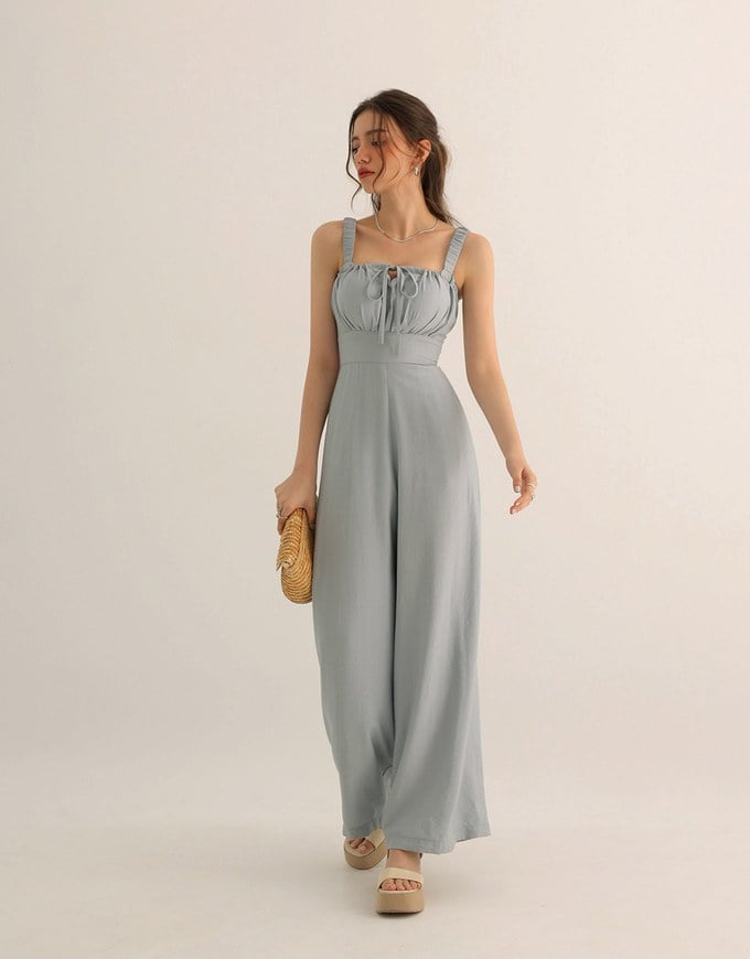 Cooling Fabric Ruched Front Wide Leg Jumpsuit with Back Cutouts Detail