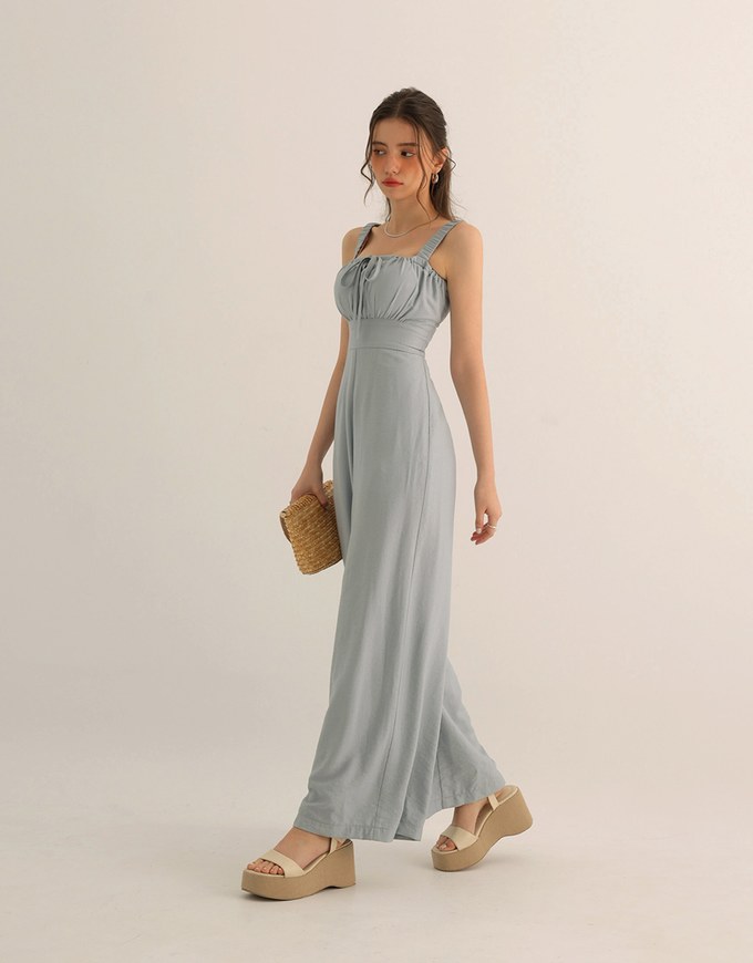 Cooling Fabric Ruched Front Wide Leg Jumpsuit with Back Cutouts Detail
