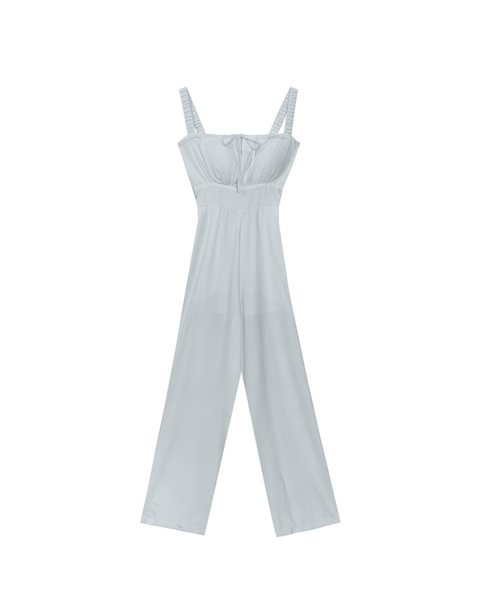Cooling Fabric Ruched Front Wide Leg Jumpsuit with Back Cutouts Detail