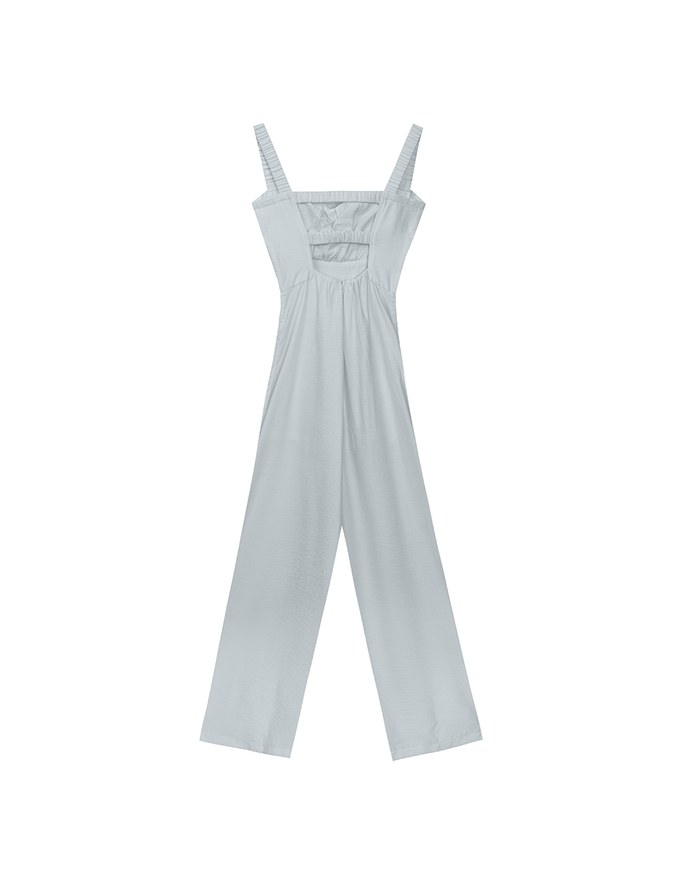 Cooling Fabric Ruched Front Wide Leg Jumpsuit with Back Cutouts Detail