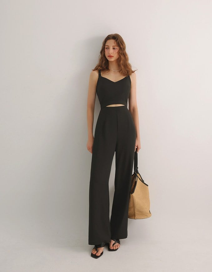 Contrast Spaghetti Strap Waist Cut Out Wide Leg Padded Jumpsuit