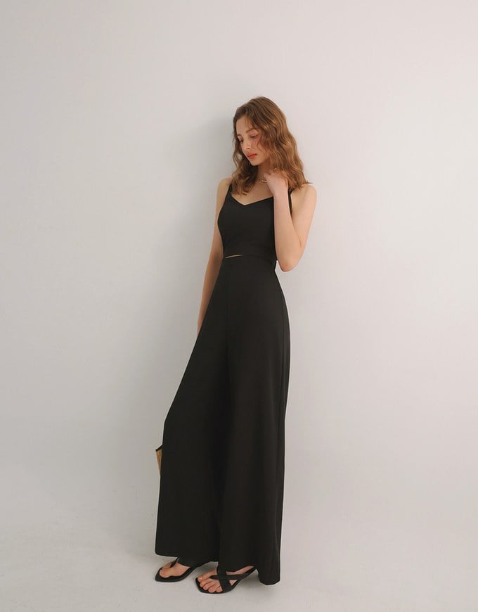 Contrast Spaghetti Strap Waist Cut Out Wide Leg Padded Jumpsuit