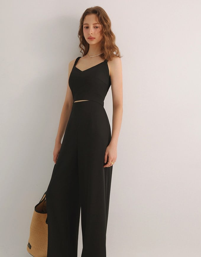 Contrast Spaghetti Strap Waist Cut Out Wide Leg Padded Jumpsuit