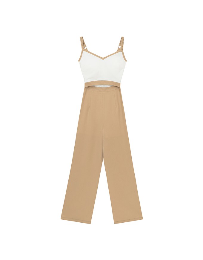 Contrast Spaghetti Strap Waist Cut Out Wide Leg Padded Jumpsuit