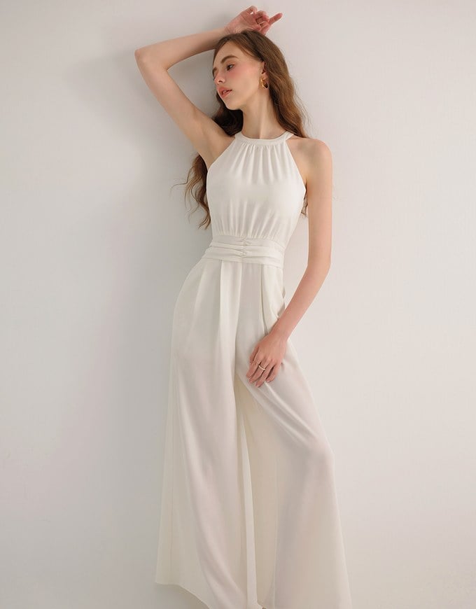 Ruched Halter Neck Wide Leg Padded Jumpsuit with Waistband Detail