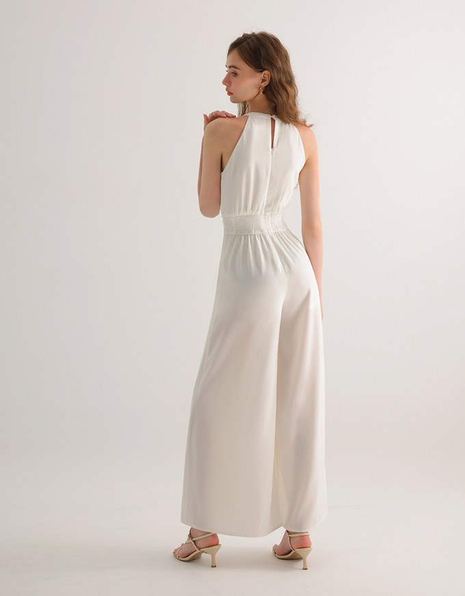 Ruched Halter Neck Wide Leg Padded Jumpsuit with Waistband Detail