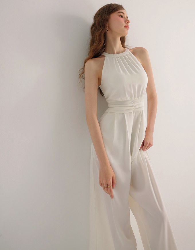 Ruched Halter Neck Wide Leg Padded Jumpsuit with Waistband Detail