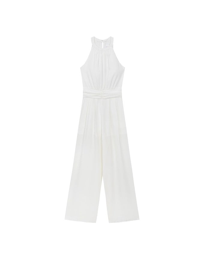 Ruched Halter Neck Wide Leg Padded Jumpsuit with Waistband Detail