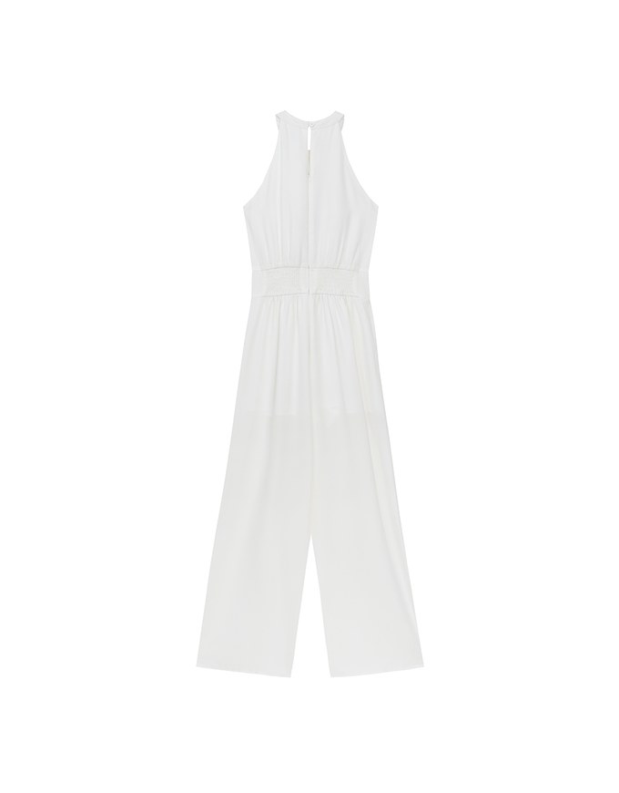 Ruched Halter Neck Wide Leg Padded Jumpsuit with Waistband Detail
