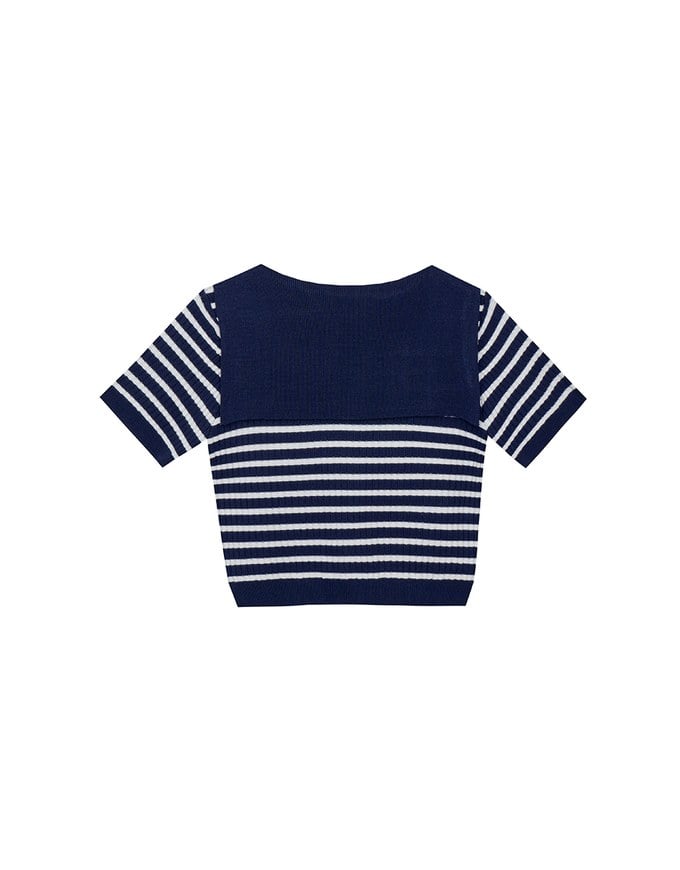 Cropped Knit Top with Striped Pattern and Sailor Collar