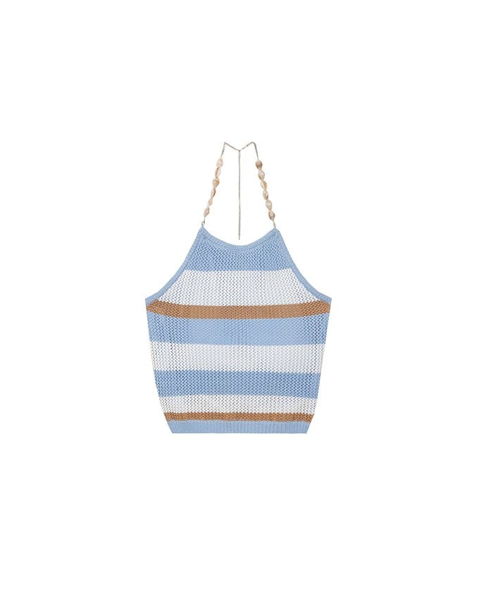 Multicolor Striped Halter Style Beaded Strap Knit Padded Cami Top