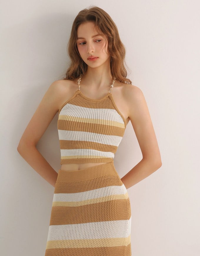 Multicolor Striped Halter Style Beaded Strap Knit Padded Cami Top