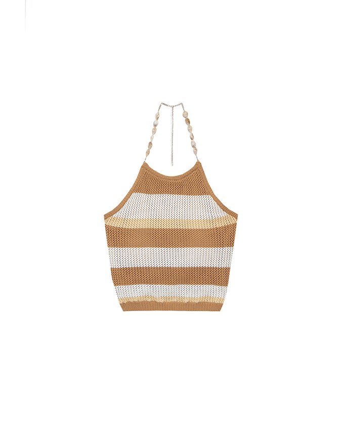 Multicolor Striped Halter Style Beaded Strap Knit Padded Cami Top