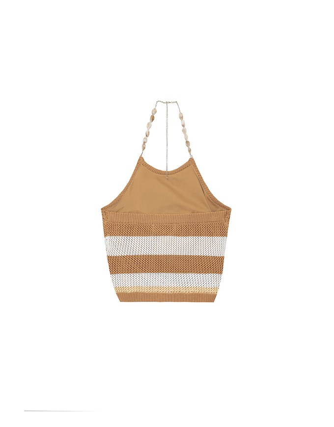 Multicolor Striped Halter Style Beaded Strap Knit Padded Cami Top