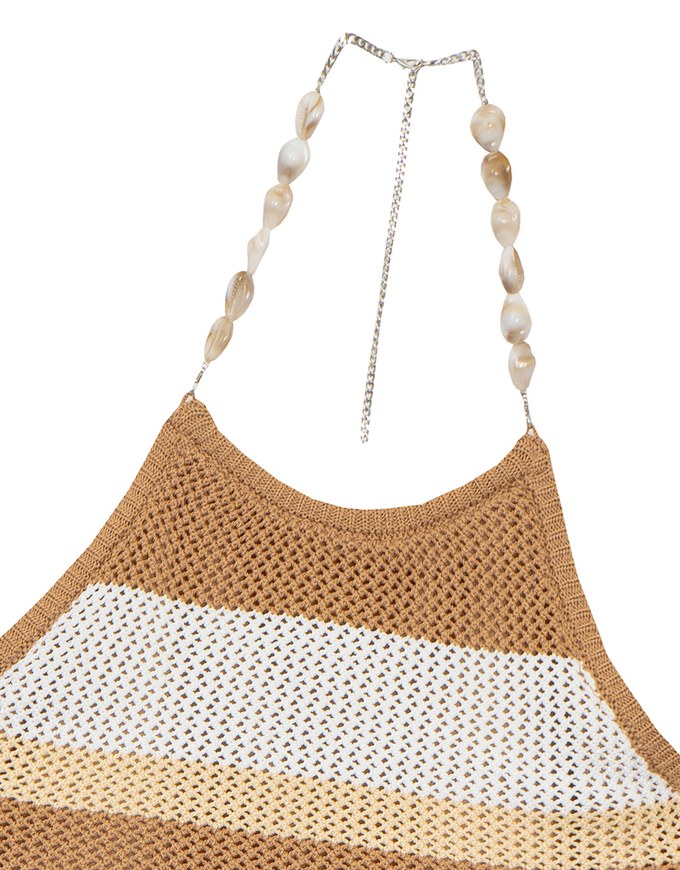 Multicolor Striped Halter Style Beaded Strap Knit Padded Cami Top