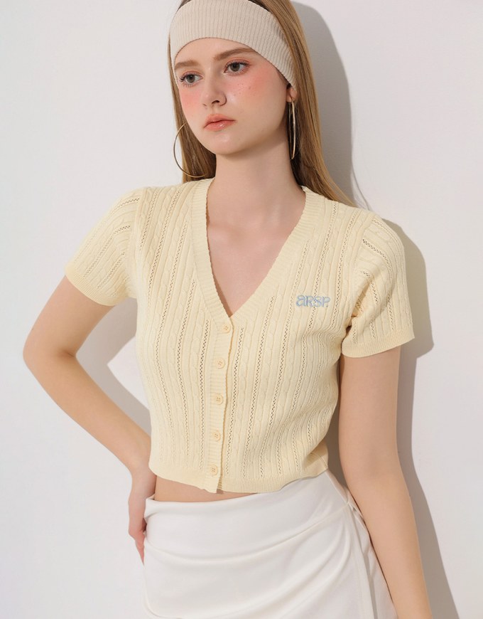 Cable Knit Cropped Cardigan Top with AIR SPACE Logo Embroidered