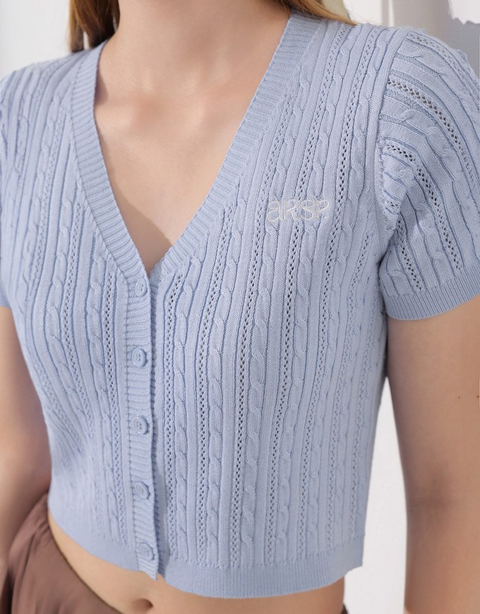 Cable Knit Cropped Cardigan Top with AIR SPACE Logo Embroidered