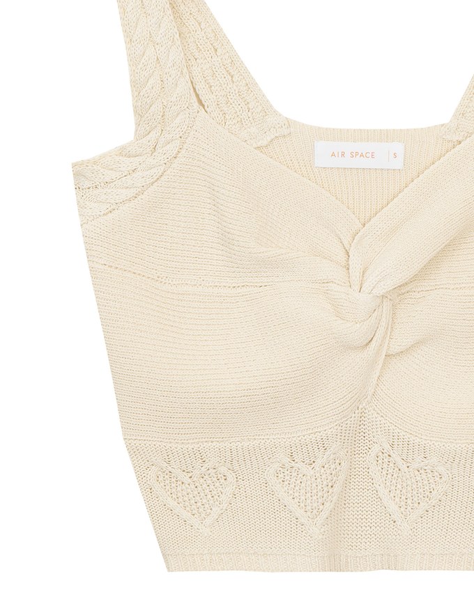 Twist Front Knit Crop Tank Top with Heart Pattern Hem Detail