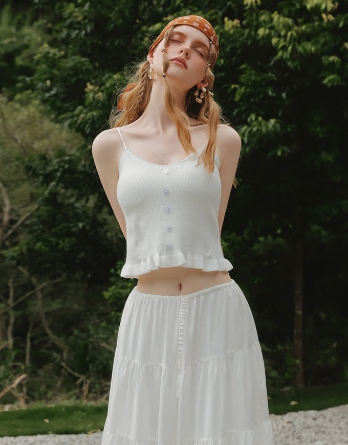 Ruffle Hem Knit Crop Cami Padded Top with Floral Buttons
