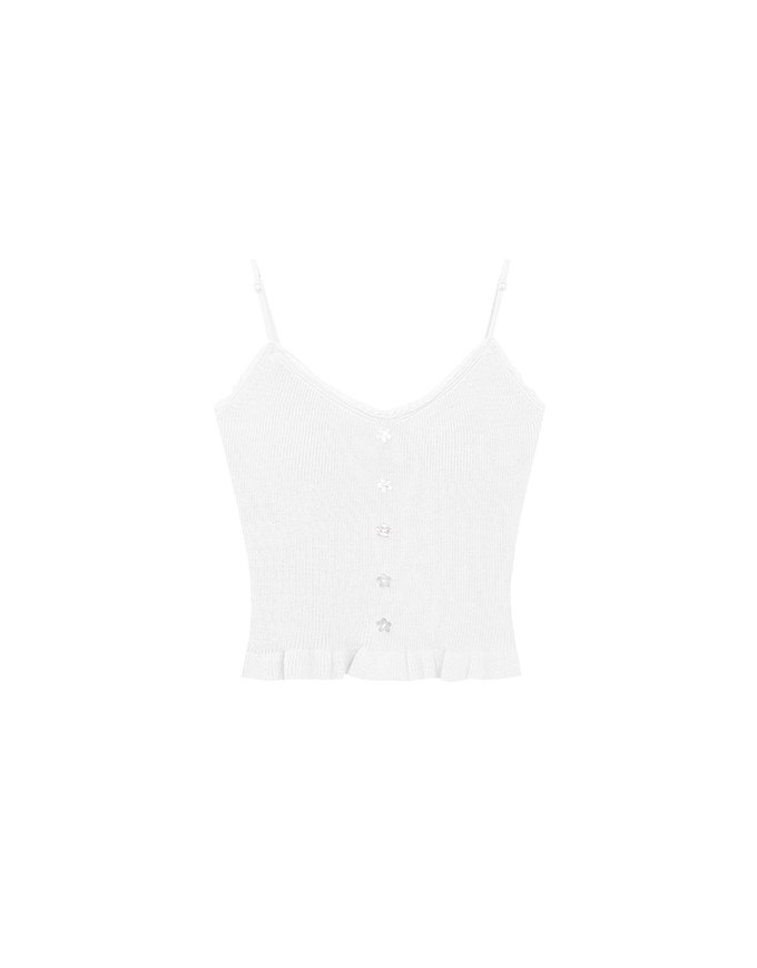 Ruffle Hem Knit Crop Cami Padded Top with Floral Buttons