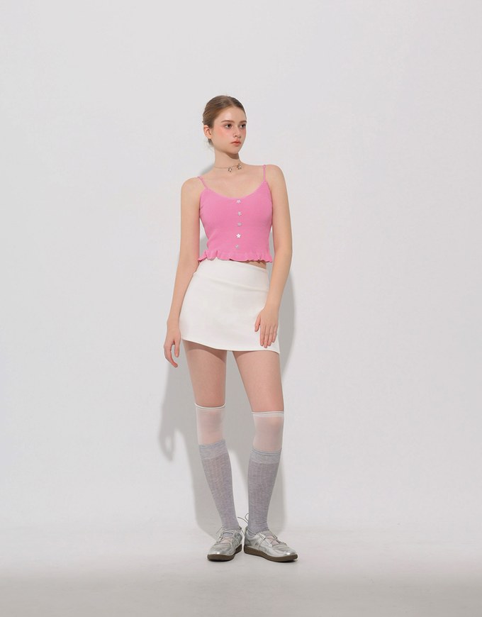 Ruffle Hem Knit Crop Cami Padded Top with Floral Buttons