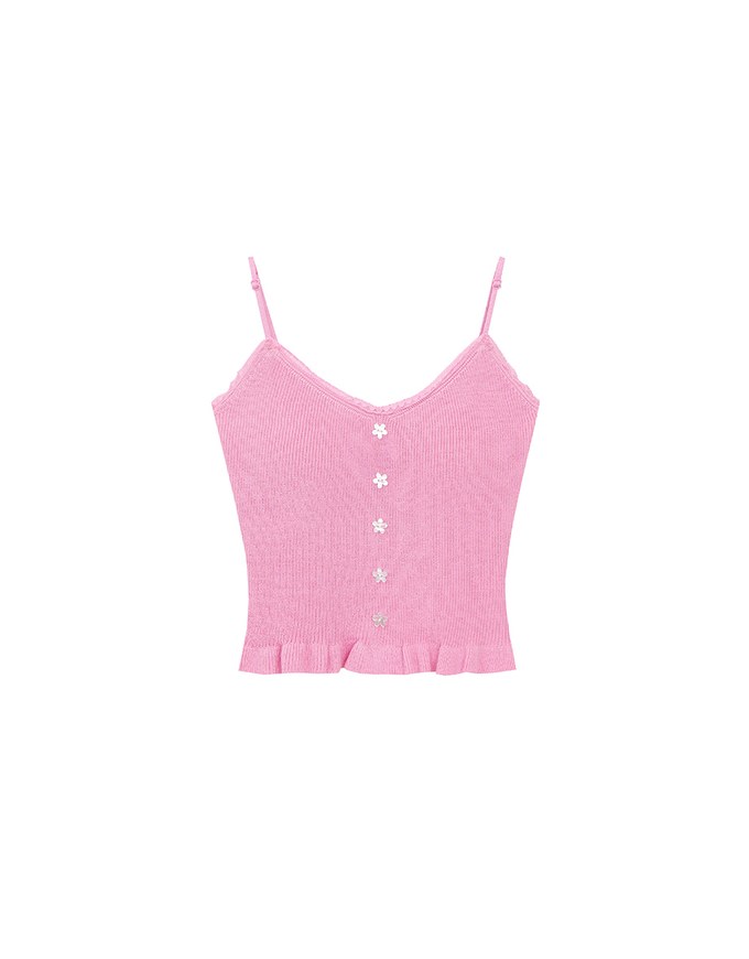 Ruffle Hem Knit Crop Cami Padded Top with Floral Buttons