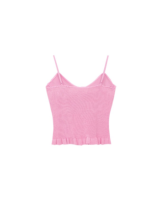Ruffle Hem Knit Crop Cami Padded Top with Floral Buttons
