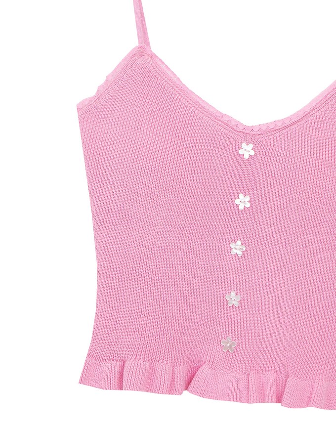 Ruffle Hem Knit Crop Cami Padded Top with Floral Buttons