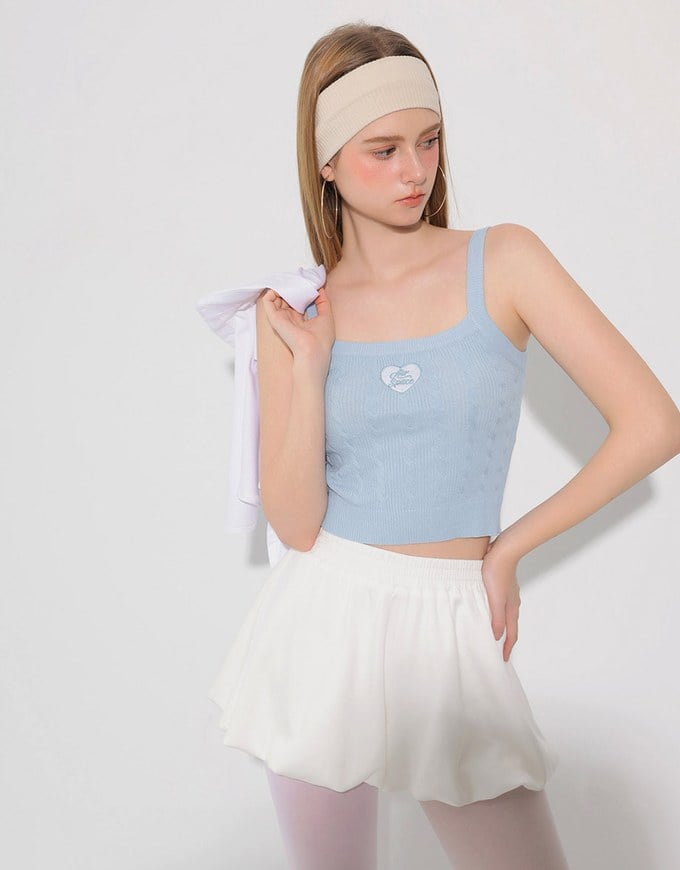 Ribbed Cable Knit Crop Tank Top with AIR SPACE Logo Embroidered Heart Detail