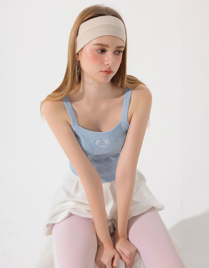 Ribbed Cable Knit Crop Tank Top with AIR SPACE Logo Embroidered Heart Detail