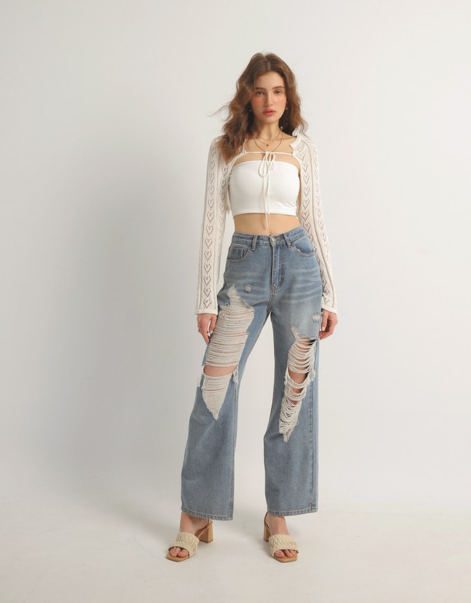 Open Knit Crop Cardigan with Heart Cut Outs Design