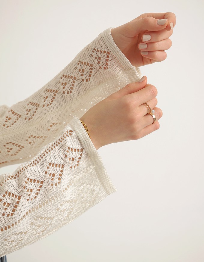 Open Knit Crop Cardigan with Heart Cut Outs Design