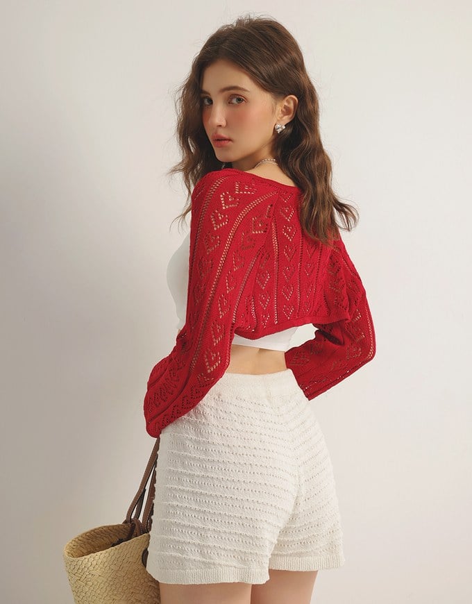 Open Knit Crop Cardigan with Heart Cut Outs Design