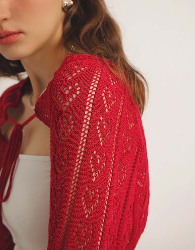Open Knit Crop Cardigan with Heart Cut Outs Design