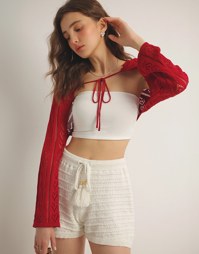 Open Knit Crop Cardigan with Heart Cut Outs Design