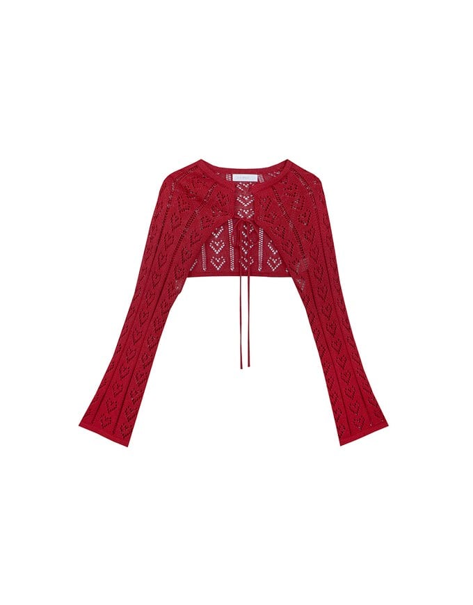 Open Knit Crop Cardigan with Heart Cut Outs Design