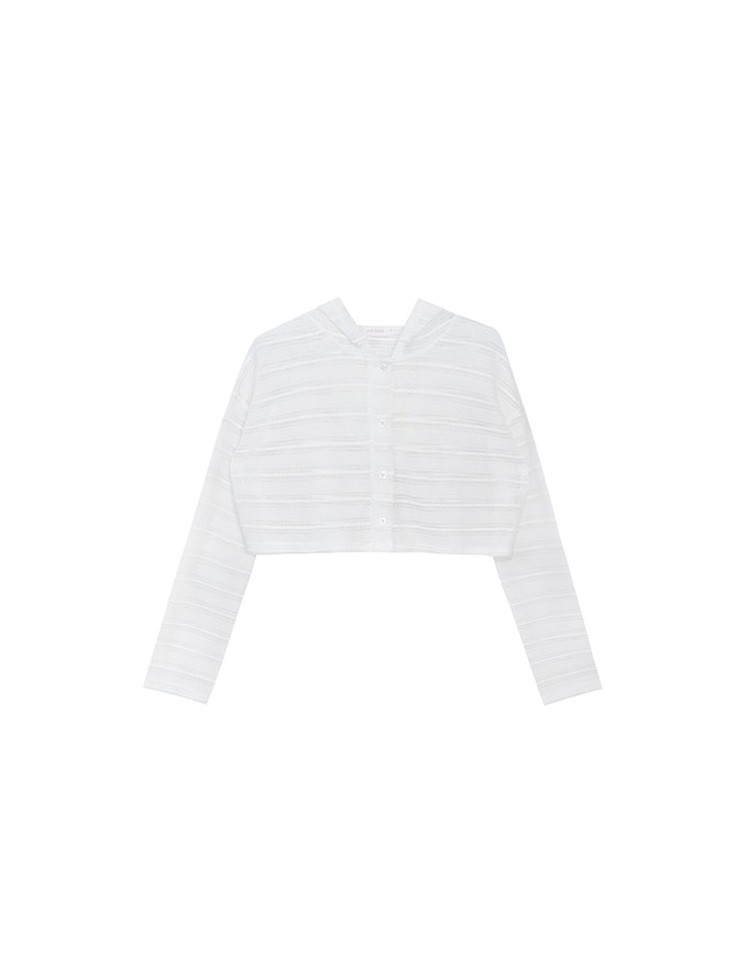 Openwork Stripe Sheer Knit Button Front Hoodie Cardigan