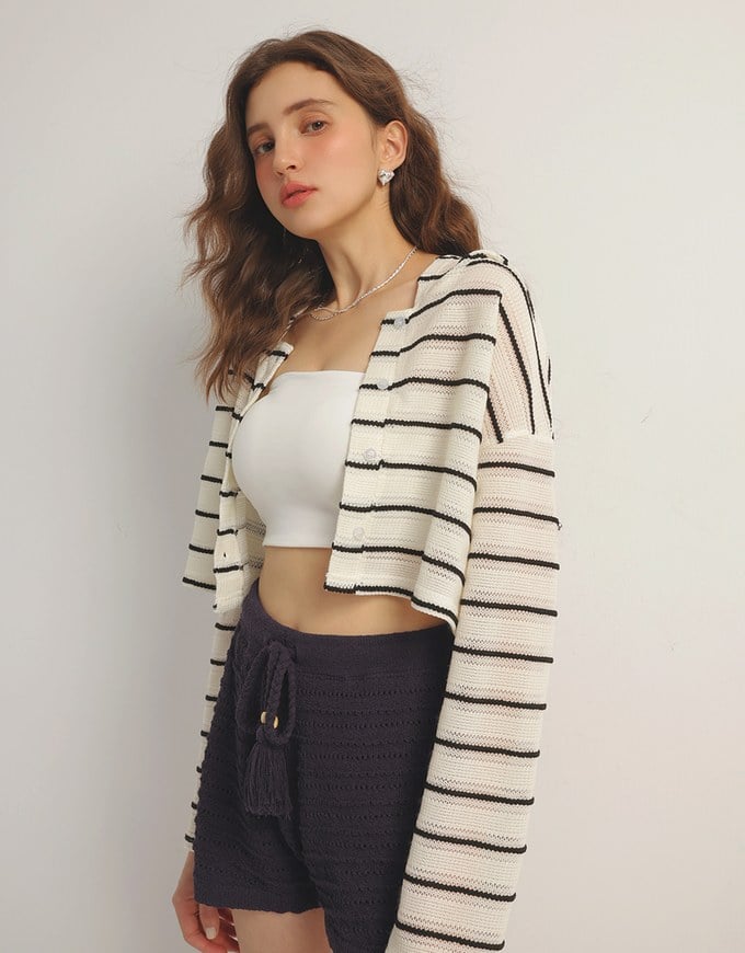 Openwork Stripe Sheer Knit Button Front Hoodie Cardigan
