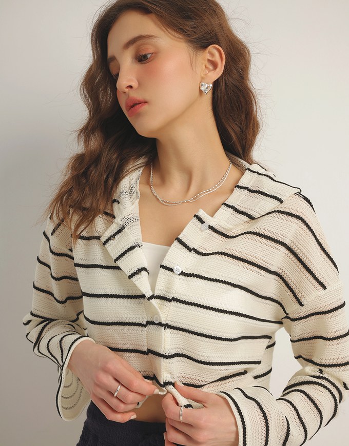 Openwork Stripe Sheer Knit Button Front Hoodie Cardigan