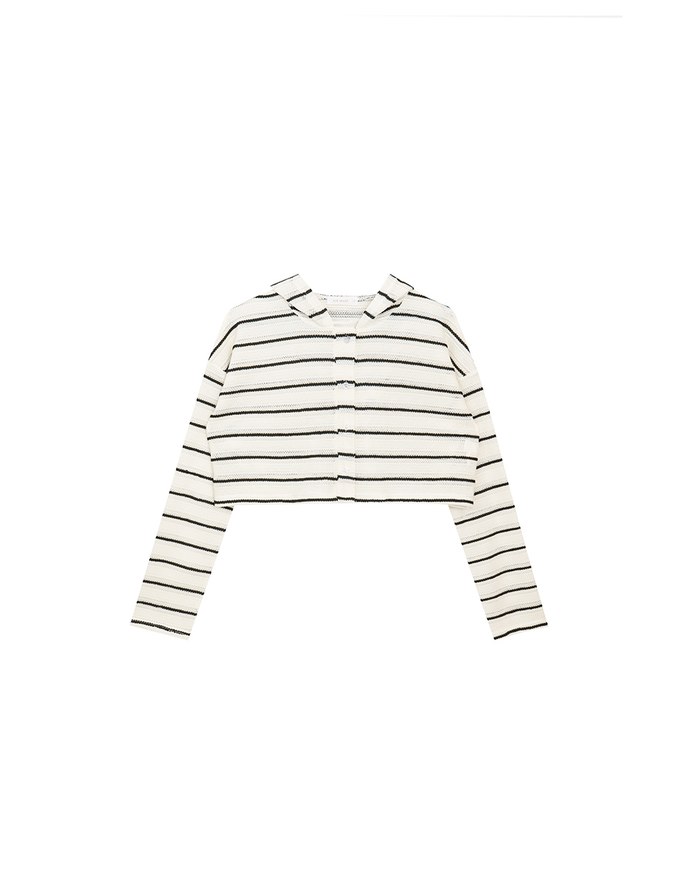 Openwork Stripe Sheer Knit Button Front Hoodie Cardigan
