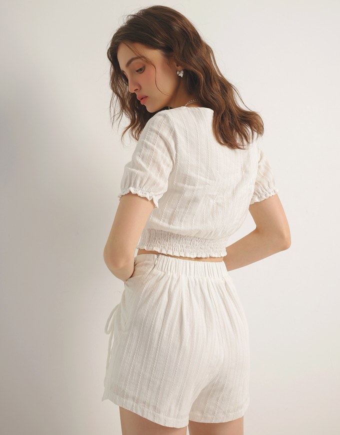 Textured Stripe Ruched Side Drawstring Mini Skorts