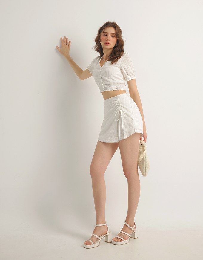 Textured Stripe Ruched Side Drawstring Mini Skorts