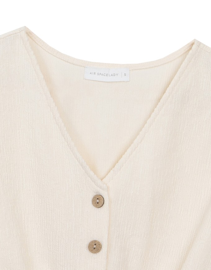 Crinkled Knit Button Front V Neck Top with Cinched Waist Detail